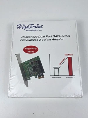 New HighPoint Rocket 620A (2 Channel) Dual Port SATA 6Gb/s PCI-E x1 Low Host - Image 1 of 3