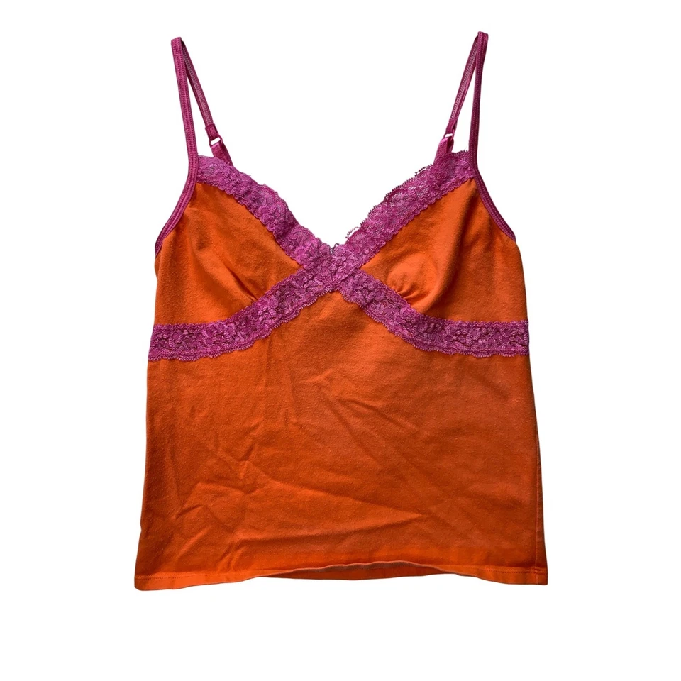 Camiseta sin mangas Victoria Secret naranja rosa encaje ribete camisola correa espagueti talla S Y2K Foto 1 de 4