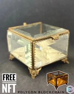 Antique 1900โ Glass Display Jewelry Box Gold Plated With Filigran France ๐ซ๐ท - Picture 1 of 13