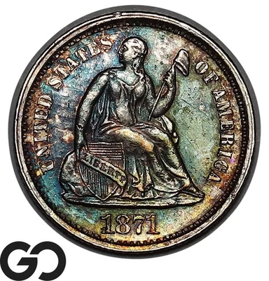 1871-S Seated Liberty Half Dime, Outstanding Color, Nice BU++, Eye-Appealing! - Image 1 of 3