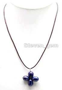 SALE 10-11mm Black Rice Natural FW Pearl pendant & Leather 18" Necklace -nec5922 - Picture 1 of 4