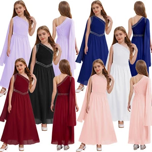 Kids Girls One Shoulder Shiny Ruched Bodice Chiffon Formal Party Dresses - Picture 1 of 46