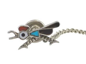 VINTAGE ZUNI MOSAIK EDELSTEIN INTARSIEN ROADRUNNER 925 STERLING KRAWATTENNADEL BROSCHE - Bild 1 von 12