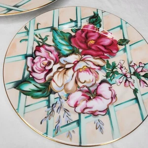 Vtg Fitz & Floyd Floral Treillage Dinner And Salad Plate Cabbage Roses Retired - Picture 1 of 11