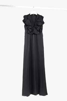 Vestido de Noche Rochas Negro Seda Charmeuse Volantes, Talla XS Foto 1 de 4