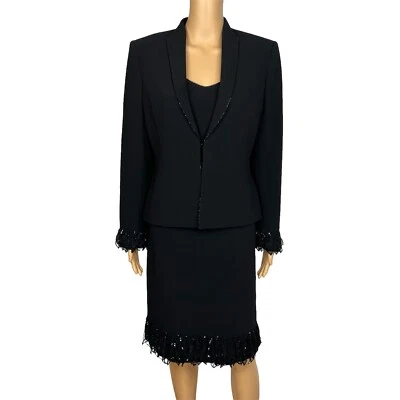 Albert Nipon Triacetate Polyester Dress Suit 10 Black Beaded Embellished 2PC - Image 1 of 4