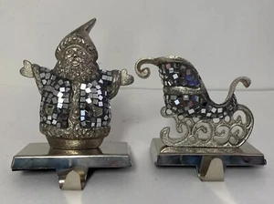 Pair Santa w Sleigh 6” Christmas Stocking Holder Heavy Silver Tone Mirror Mosaic - Picture 1 of 9