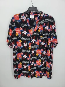 Coca Cola Hawaiian Shirt Mens XL Black Red Floral Logo Short Sleeve Camp Novelty - Picture 1 of 9