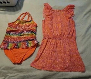 Lot of Girls sz 18 One Piece Swimsuit & Bathing Suit Cover Up Mesh Dress - Picture 1 of 18