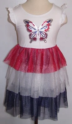 Pink & Violet RWB Sequin Butterfly Tiered July 4th Patriotic Sparkle Dress 4 - Image 1 of 4