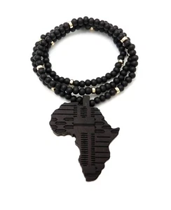 BLACK AFRICA CONTINENT PENDANT & 6mm 26" WOODEN BEAD CHAIN HIP HOP NECKLACE - Picture 1 of 15