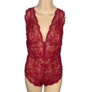 ASOS Burgundy Red Sheer Lace-Up Plunging V-neck Teddy Bodysuit SZ 14 - Picture 1 of 8