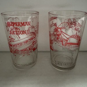 2 Vintage 1964 Superman In Action 4.25" Polaner Glasses No chips or cracks - Picture 1 of 8