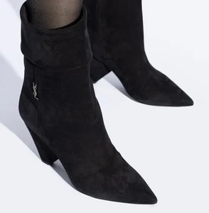 SAINT LAURENT ‘Niki’ 85mm YSL Cone Heeled Suede Booties Black 40 / 10 US $1450+ - Picture 1 of 22