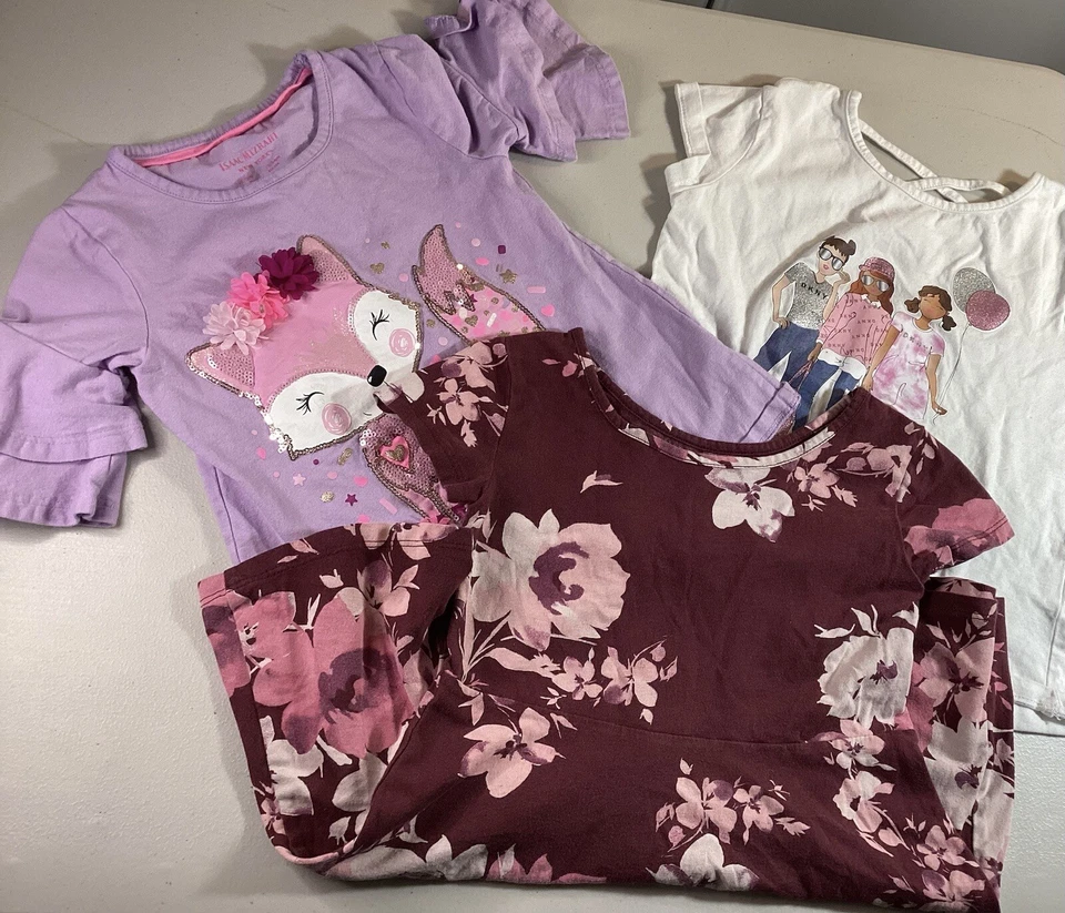 Lot of 3 Girls Shirts & Dress - Size 4 To 6 - DKNY, Children Place - Short Sleev Foto 1 de 4