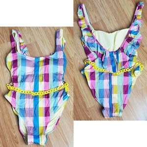 Jess Southern Gianni Bini one piece swimsuit plaid scoop ruffle back chain 80s - Picture 1 of 11