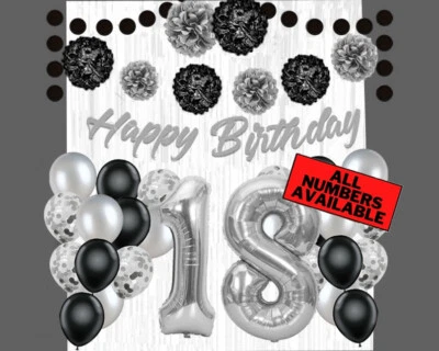 Silver & Black 18th Birthday Decorations - 40" Number Balloons &More Boy or Girl - Image 1 of 4