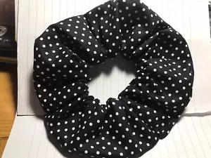 Handmade Hair Scrunchie 100% Cotton Black With White Polka Dots, Bobble - Picture 1 of 3