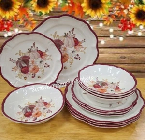 12 Set Thanksgiving White Pumpkin Scalloped Melamine Dinner Salad Plates Bowls - Picture 1 of 8