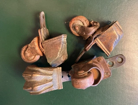 4 Salvaged Antique Brass Swivel Claw Table Leg Casters & Screws (All Work) Cover
