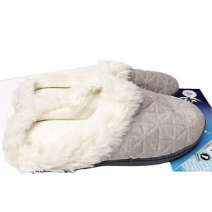 NEW Isotoner Gray Quilted Clogs L 8.5-9 Slippers Faux Fur Lined Memory Foam