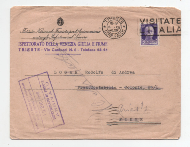 TRIESTE 6/12/1940 LETTERA ISPETTORATO DELLA VENEZIA GIULIA-FIUME PER FIUME RESA
