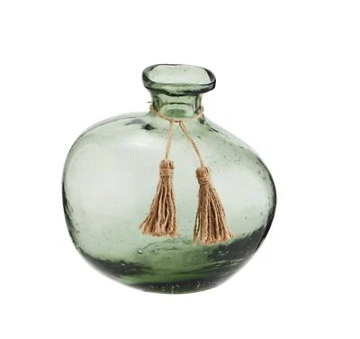 Round Green Glass Botanical Bottle Vase Jute Tassels Organic Flower Vase, D18cm - Image 1 of 2
