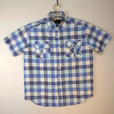 Akademiks Button Down Shirt Size Medium Blue & White Check Short Sleeve Pockets - Image 1 of 4