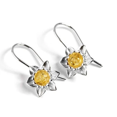 Pendientes Gancho Flor Narciso Plata de Ley 925 Ámbar Báltico Galeses Regalos Foto 1 de 4