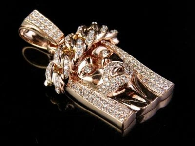 Colgante Corona Eslabón Cubano Jesús Diamante Real Oro Rosa 14K Sólido 2 1/4 CT 1.75" Foto 1 de 4