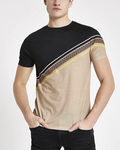 River Island Mens Brown RI Stripe Slim Fit T-Shirt - Picture 1 of 4