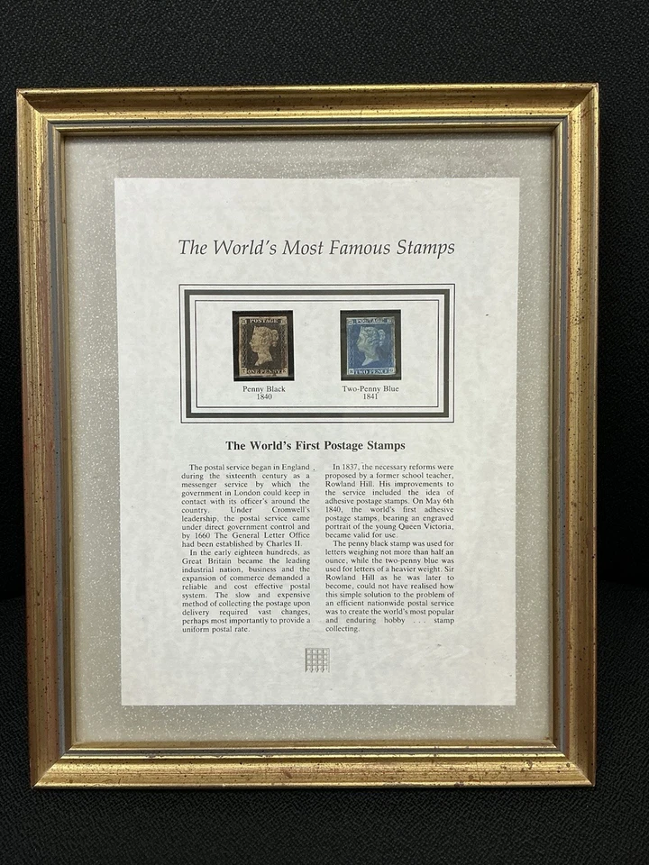 Exhibición de estampillas usadas genuinas de 1840 y azul de dos peniques enmarcadas negras de 1841 Foto 1 de 4