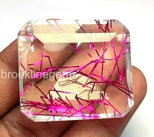 112.65 Ct Lab Created Pink Rutilated Quartz Rare Emerald Cut Gemstone EGL 5ARR - Picture 1 of 6