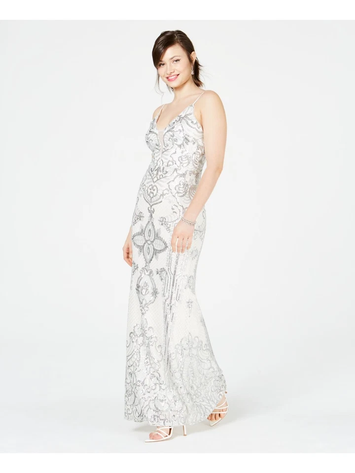 Betsy & Adam Anne Embellished Illusion-inset Gown Size 0 Silver A22203