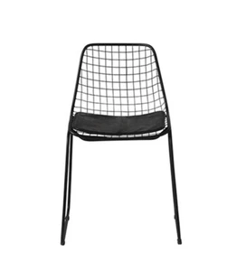 Wire Dining Chair Black/Tan Real Leather Seat Pad Black Metal Frame - Picture 1 of 7