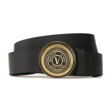 Versace Jeans Couture Gold V-Emblem Buckle Black Leather Belt