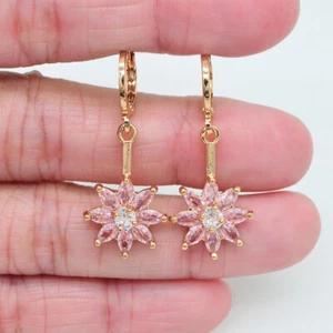 18K Yellow Gold Filled Women Fashion Pink Mystic Topaz Flower Dangle Earrings - Picture 1 of 4