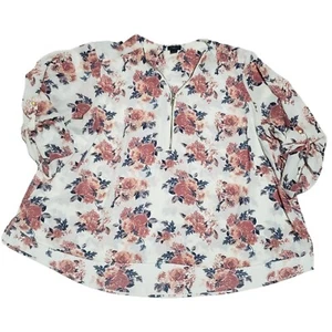 Rue+ Plus Women's Shirt 3X White Pink Blue Floral Half Zip Roll Tab Sleeves - Picture 1 of 7