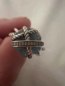 DAVID YURMAN Silver Cable Wrap Ring With Blue Topaz & Diamonds Size 6.5 - Picture 1 of 7