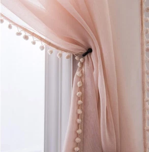 Blush Linen Look Pom Pom Sheer Curtains - Set of 2 Panels 52x84 Inch - Picture 1 of 12