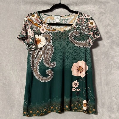 Dressbarn Blouse Top Womens XS Green Floral Paisley Stretch Short Sleeve V-Neck - Image 1 of 4