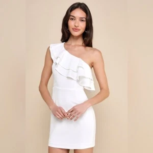 Enticing Behavior White Ruffled One-Shoulder Mini Dress - Picture 1 of 5