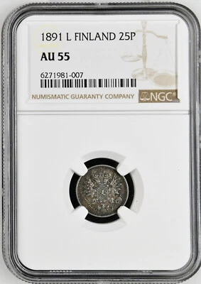 Russia Russian Finland Nicholas II 25 Pennia 1891 NGC Certified AU 55 Coin - Image 1 of 4