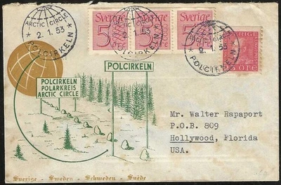 SUECIA 1953 Cubierta pmk Círculo Ártico Polcirkeln a Hollywood Florida Foto 1 de 2