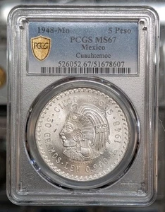 1948 Mexico 5 Pesos. Cuauhtemoc. PCGS MS67. GEM Uncirculated. Great Example! - Picture 1 of 3