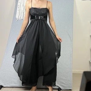 Y2K Jumpsuit Womens 8 S Black Chiffon Lace Bow Witchy Formal Cocktail Evening - Picture 1 of 14