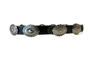 VINTAGE ETCHED 12 CONCHO SOUTHWEST BLACK LEATHER BELT BOY'S GIRL'S OS - Picture 1 of 4