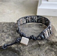 Men's Black Onyx and Jasper Beaded Black Leather Bracelet with Anchor clasp Men's Black Onyx and Jasper Beaded Black Leather Bracelet with Anchor clasp