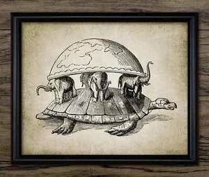 Stampa mondiale tartaruga ed elefante, tartaruga gigante creazione terra libro mito arte da parete - Foto 1 di 1