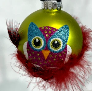 Glitzer Eule mit roten Federn, grüner runder Glas Weihnachtsschmuck, Hoot Tier - Bild 1 von 6